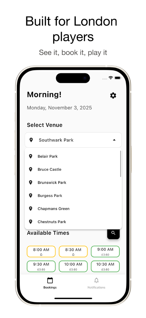 The Bookings screen with the venue list open, showing parks such as Belair Park and Bruce Castle