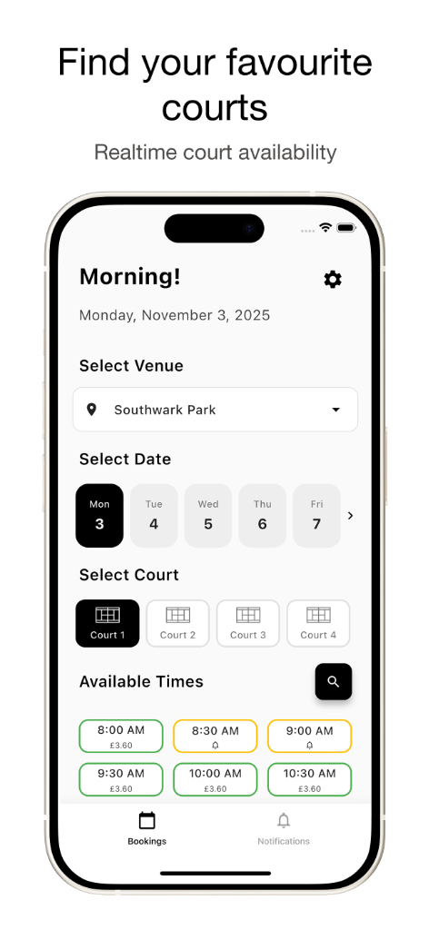 The Bookings screen for Southwark Park, with a date, a court, and the available times with their prices