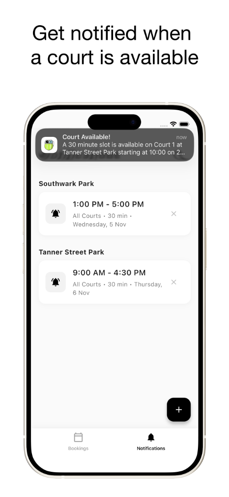 A "Court Available!" notification above the list of alerts for Southwark Park and Tanner Street Park