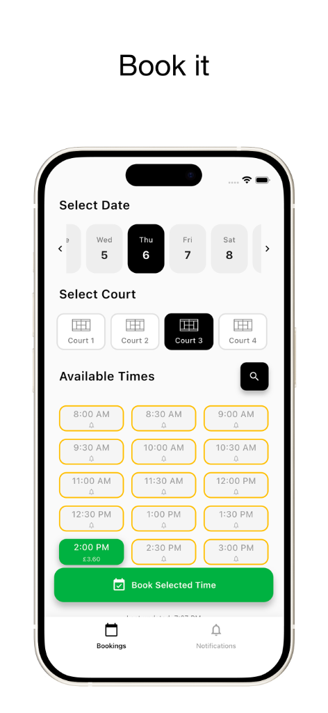 The Bookings screen with a free 2:00 PM slot selected and the Book Selected Time button